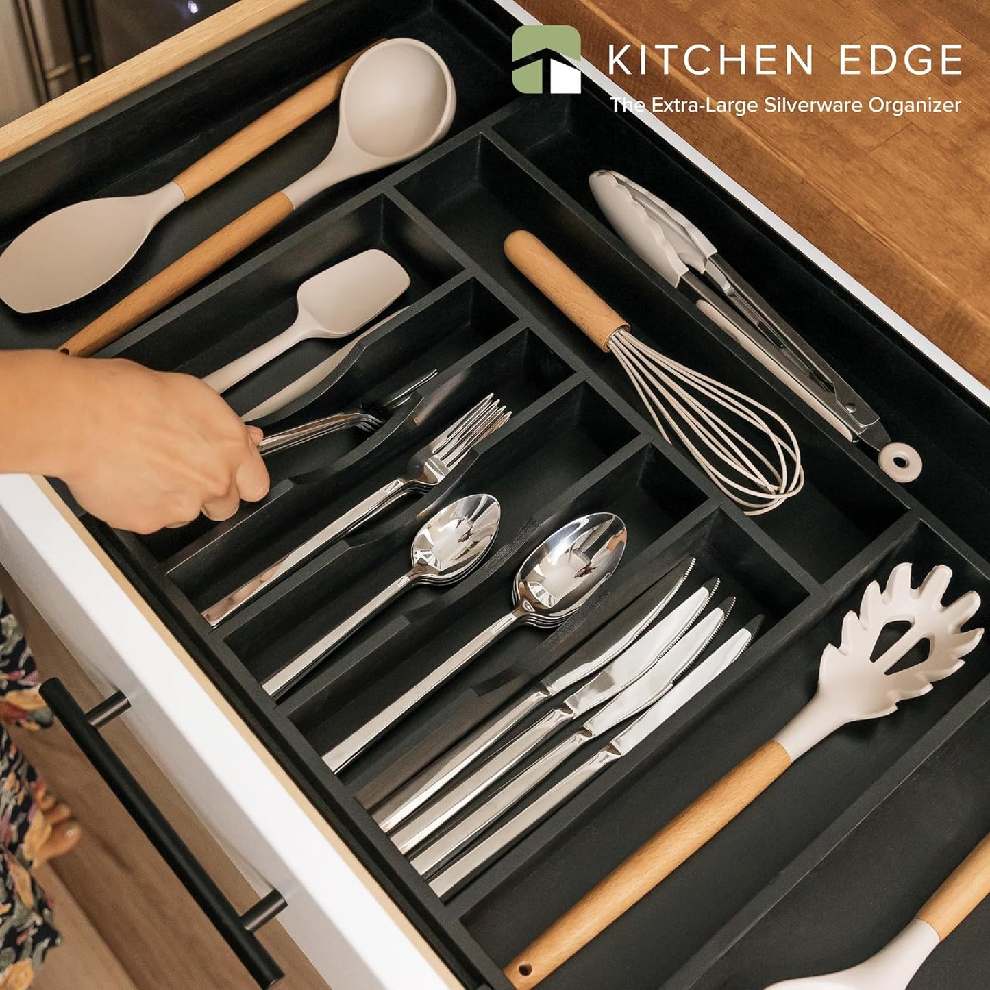 KitchenEdge Premium Silverware, Flatware and Utensil Organizer for Kitchen Drawers, Food-Safe Contract Grade, Expandable from 18 to 33 In, Black Bamboo