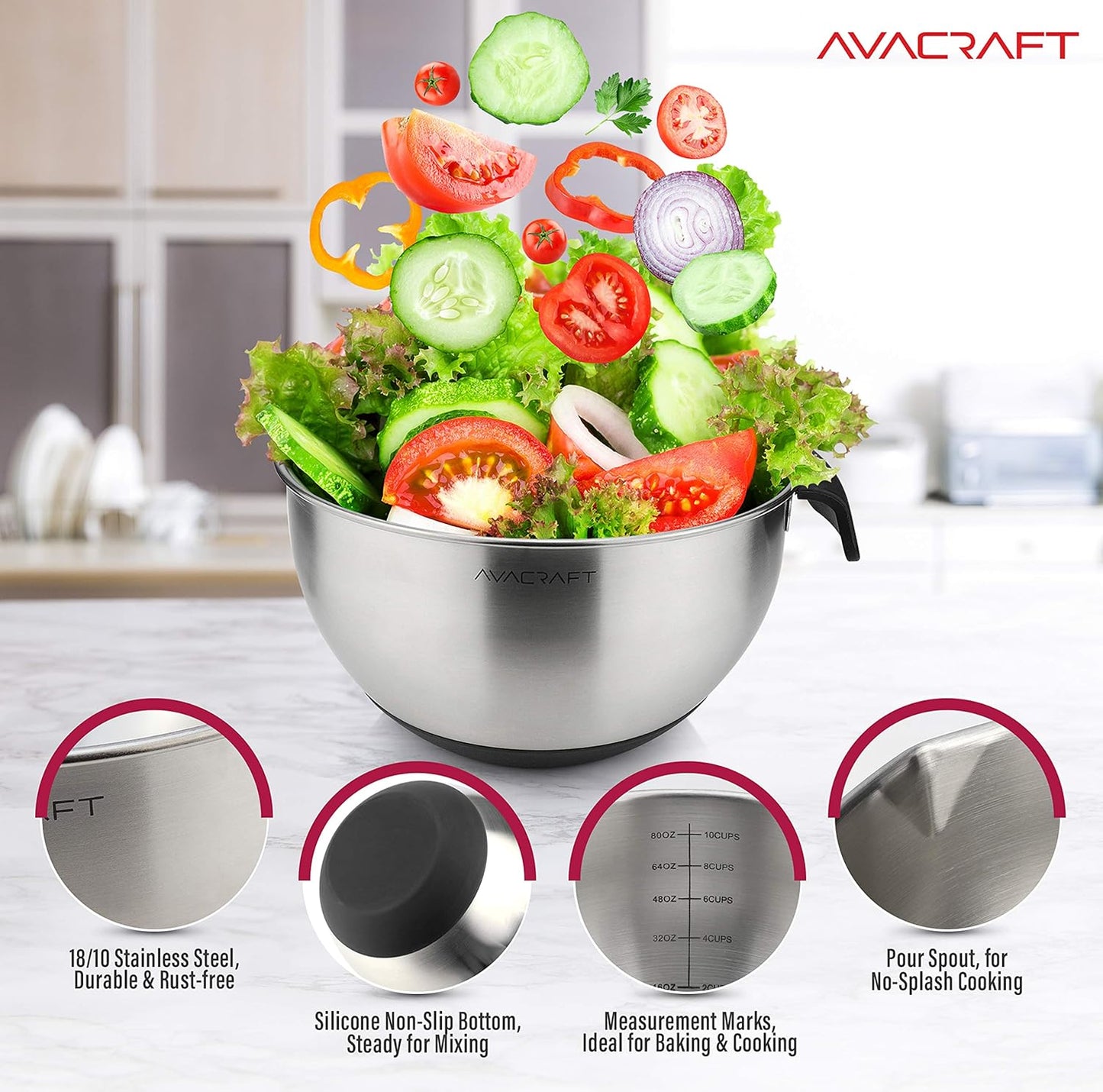 AVACRAFT 18/10 Stainless Steel Mixing Bowls with Lids, non slip silicone base bowls with Handle, Mixing Bowl Set with Pour Spouts & Measurement Marks, Home Essentials Cooking Bowls, (Black)