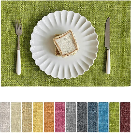 Softalker Faux Linen Placemats Set of 6-12 x 18 Inch, Heat Resistant Double Layered Durable Burlap Farmhouse Place Mats, Non-Slip Washable Rustic Table Mats for Dining, Kitchen, Party（Lime Green