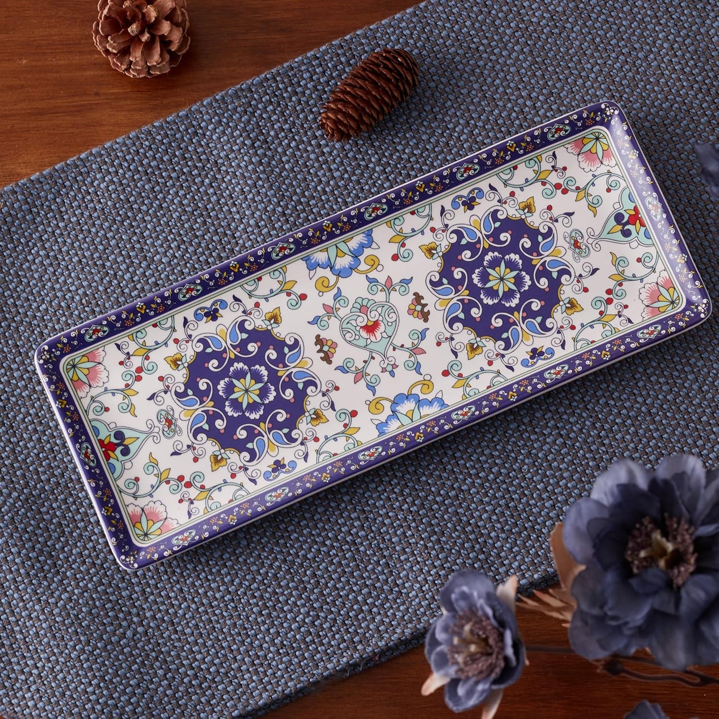 Bico Mandala Kaleidoscope Ceramic 14 inch Rectangular Serving Platter, Set of 2, for Serving Salad, Pasta, Cheese, Ham, Appetizer, Microwave & Dishwasher Safe