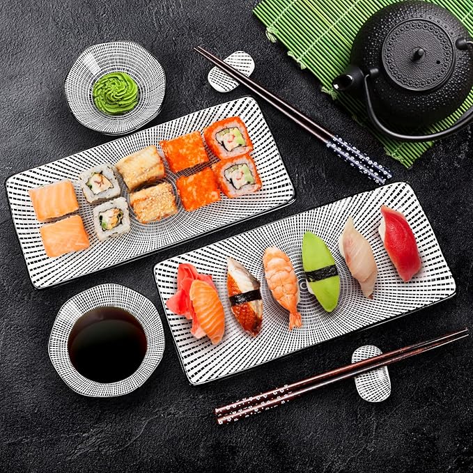 8 Pcs Sushi Plate Set, Ceramic Sushi Serving Set for 2, Japanese Sushi Dinnerware for Wedding Housewarming, Includes 2 Serving Dishes, 2 Sauce Bowls, 2 Pairs of Chopsticks, 2 Chopstick Holders