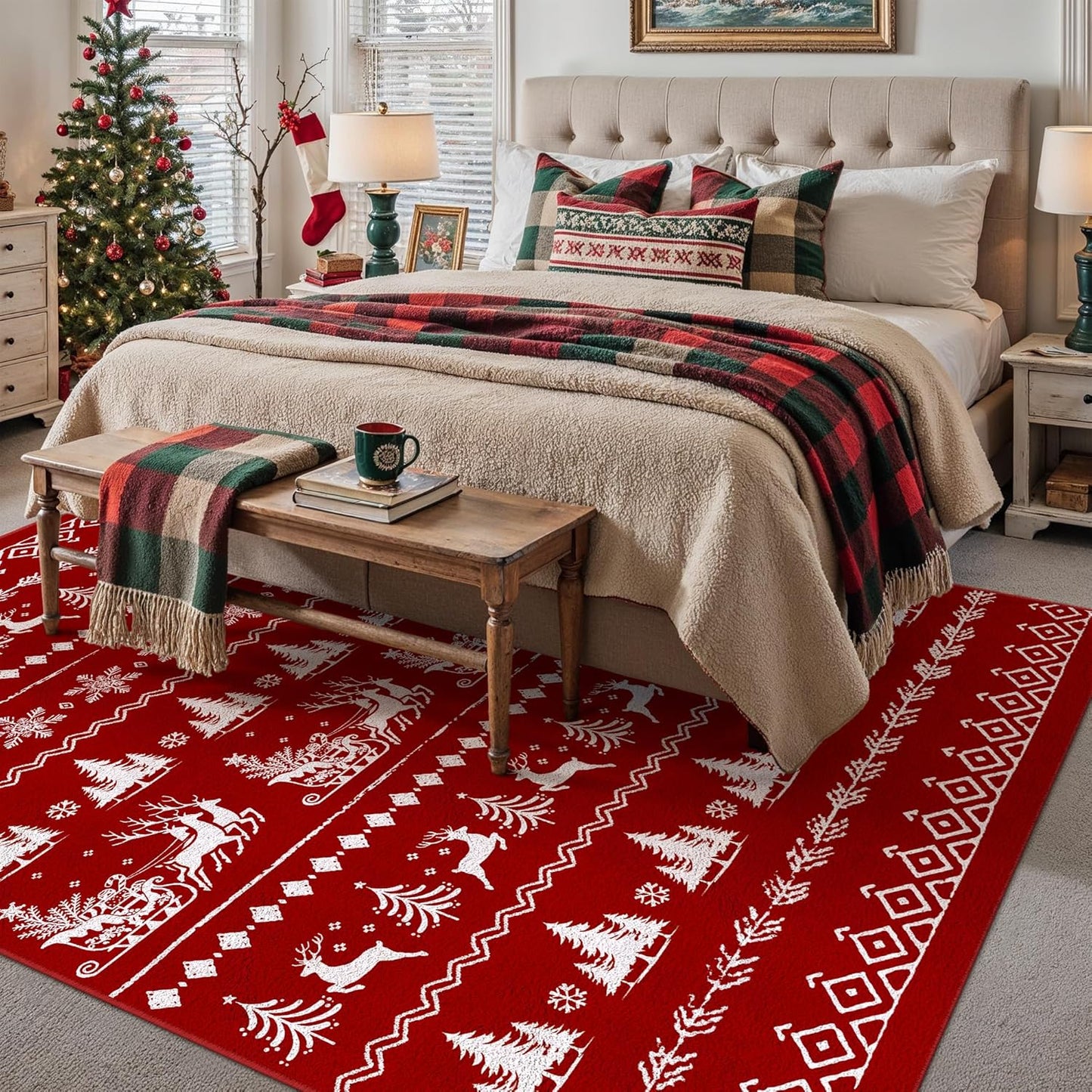 5x7 Christmas Area Rug Red Washable Kitchen Carpet Xmas Elk Holiday Decor Indoor Throw Snowflake Rug Decorative Living Room Non Slip Soft Low Pile Bedroom Dining Room Office Nursery Bathroom