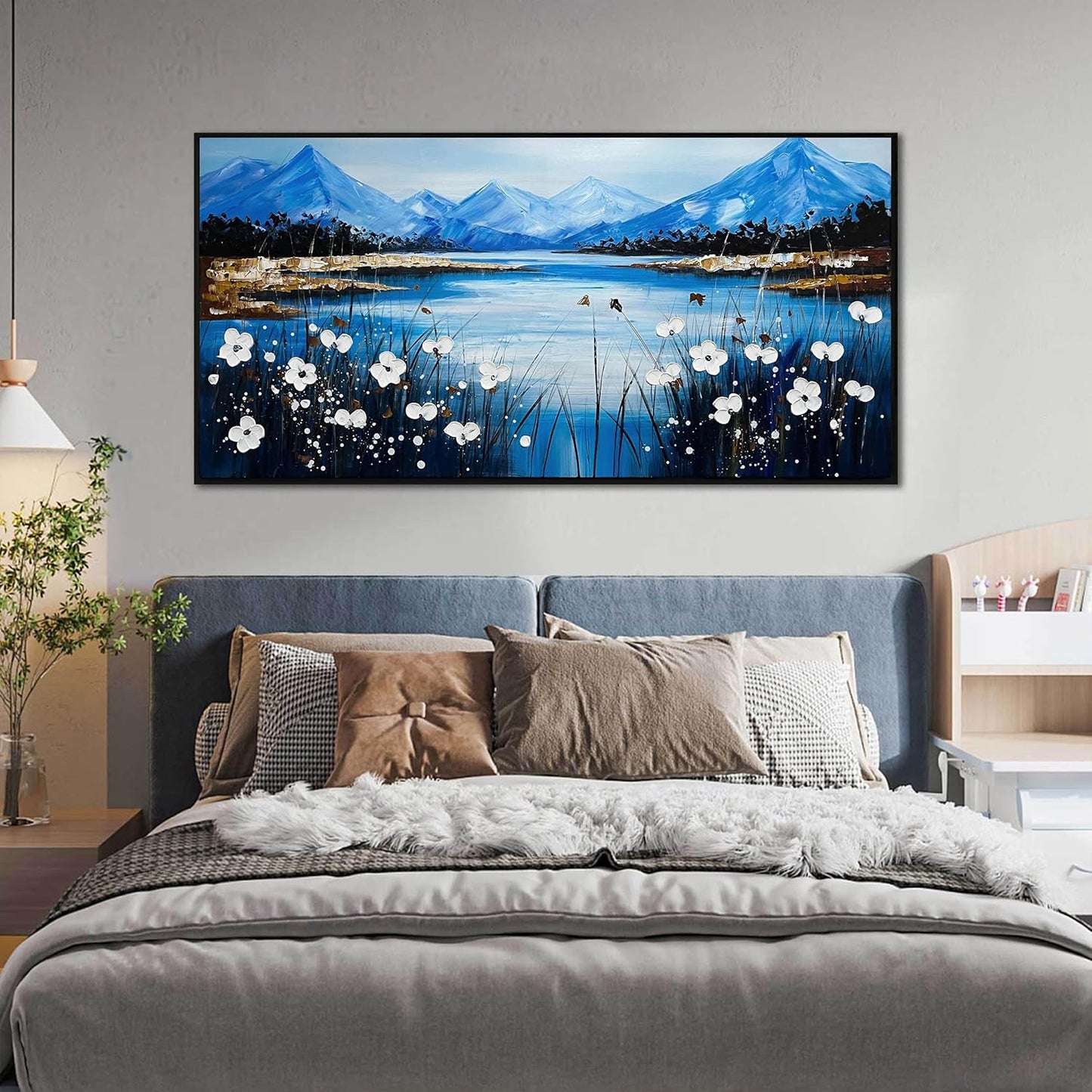 Nature Landscape Large Pictures for Living Room - Hand Painted Lake Wall Art for Office - Framed Wall Art for Bedroom Size 29" x 59"