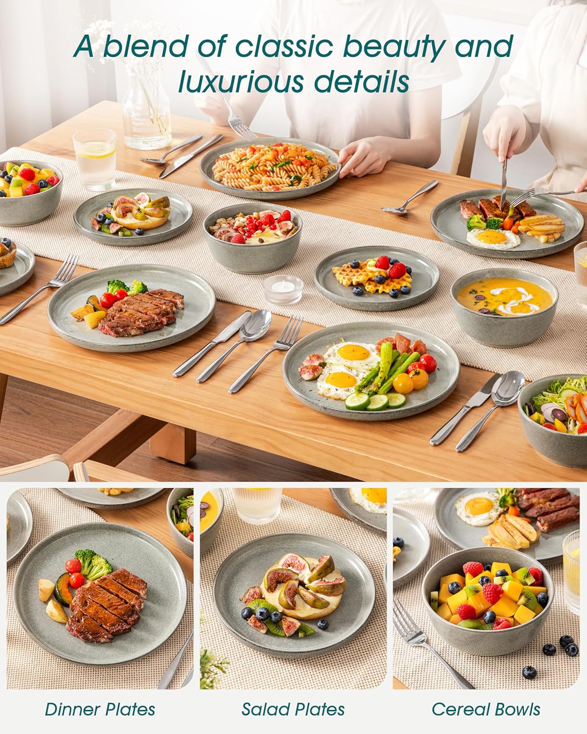 vancasso ANYA 24 Pieces Plates and Bowls Set, Stone Grey Dinnerware Sets, Reactive Glaze Dishes Set for 8, Ceramic Dishware Sets Kitchen Dinner Set, Microwave & Dishwasher Safe