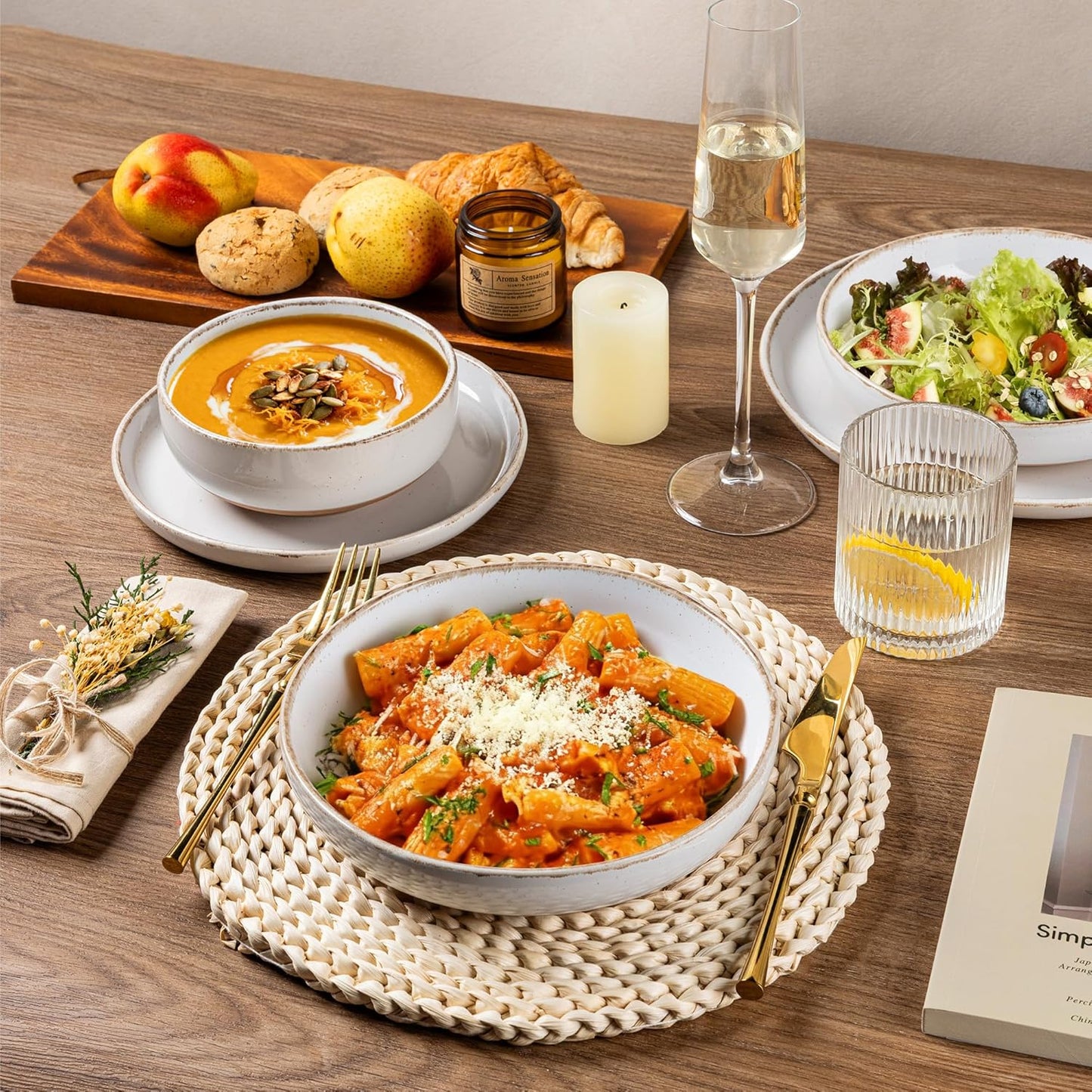 AmorArc 18 Pieces Ceramic Dinnerware Sets for 6, Handpainted Stoneware Plates and Bowls Set with Rustic Terracotta Underside, Scratch Resistant Dishes Set, Dishwasher & Microwave Safe, White