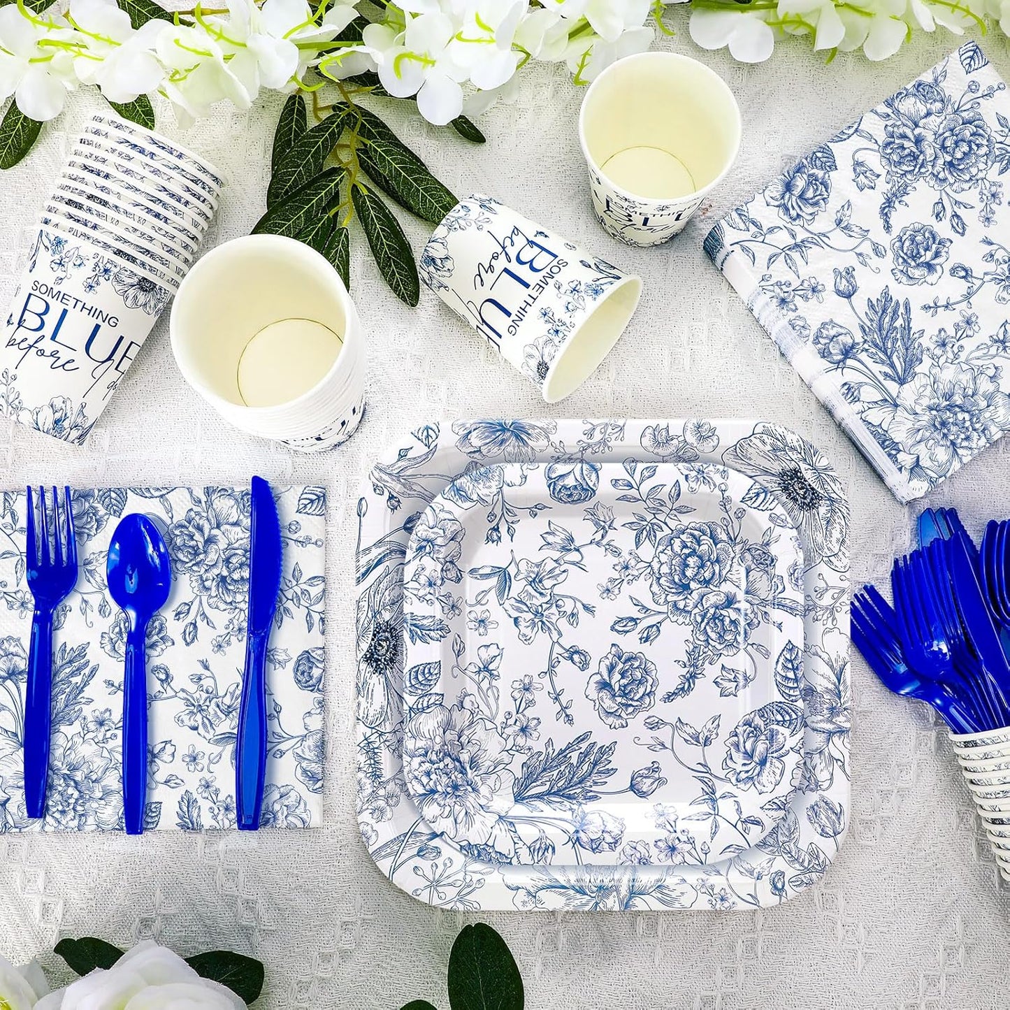 350 Pcs Paper Plates and Napkins Set Disposable Dinnerware Party Supplies Tableware Serve 50 Guest Cups Knife Forks Spoon(Blue,Something Blue Before I Do)