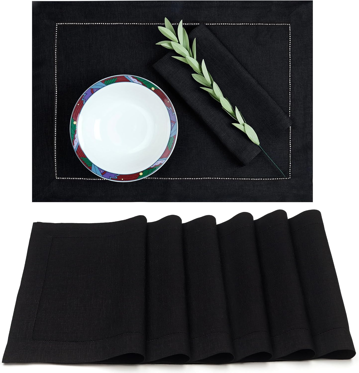 D'Moksha Homes Linen Placemats Set of 6 - Classic Hemstitch Black Placemats 14 x 19 Inch - 100% Pure Linen Table Mats for Fall, Autumn and Halloween - Handcrafted and Machine Washable