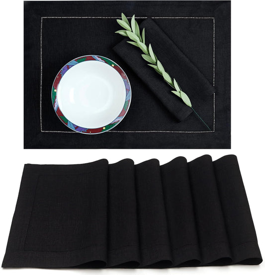 D'Moksha Homes Linen Placemats Set of 6 - Classic Hemstitch Black Placemats 14 x 19 Inch - 100% Pure Linen Table Mats for Fall, Autumn and Halloween - Handcrafted and Machine Washable