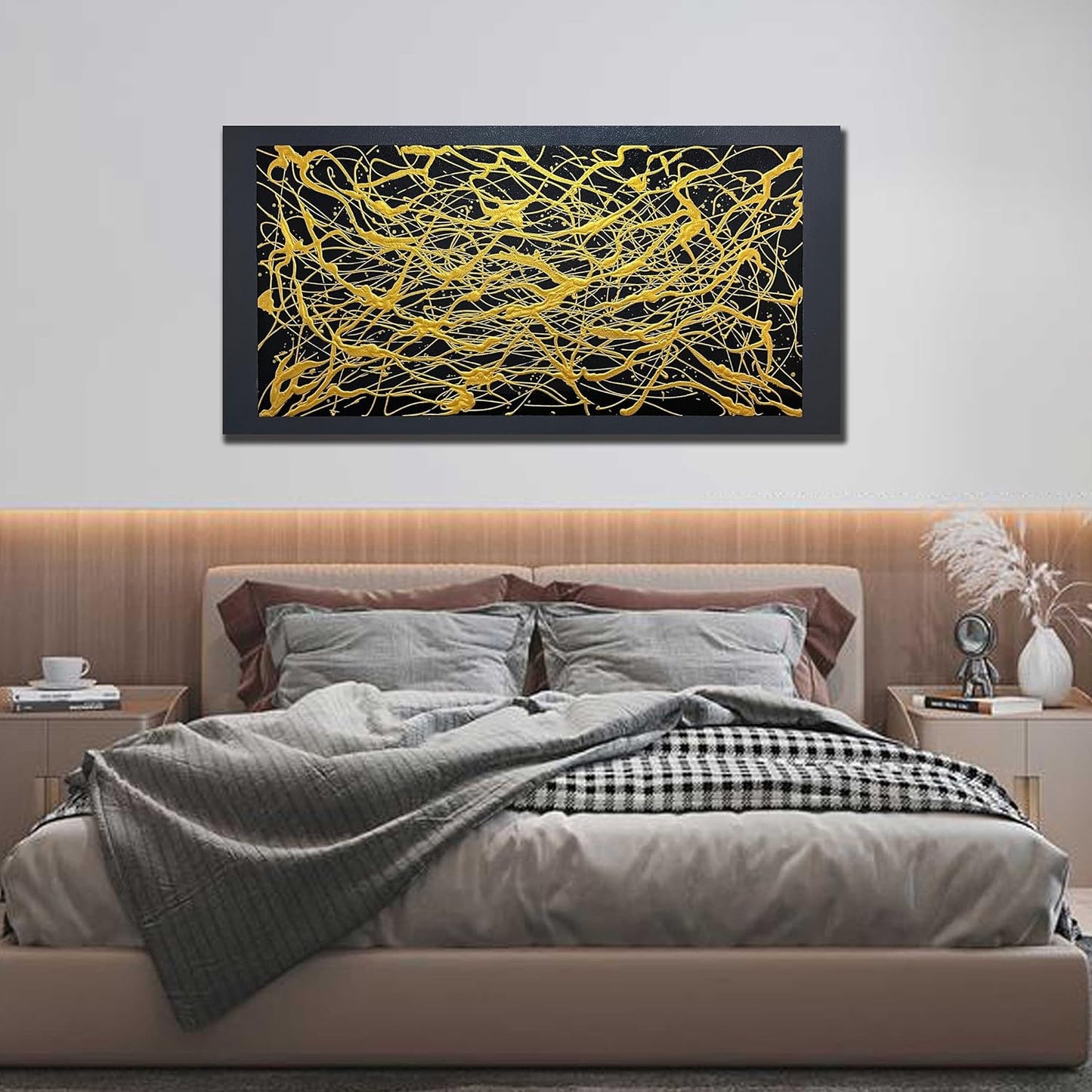 Abstract Canvas Art Wall Decor for Living Room - Modern Hand Painted Wall Art for Office - Black and Gold Wall Decor for Bedroom Men Size 24" x 47"