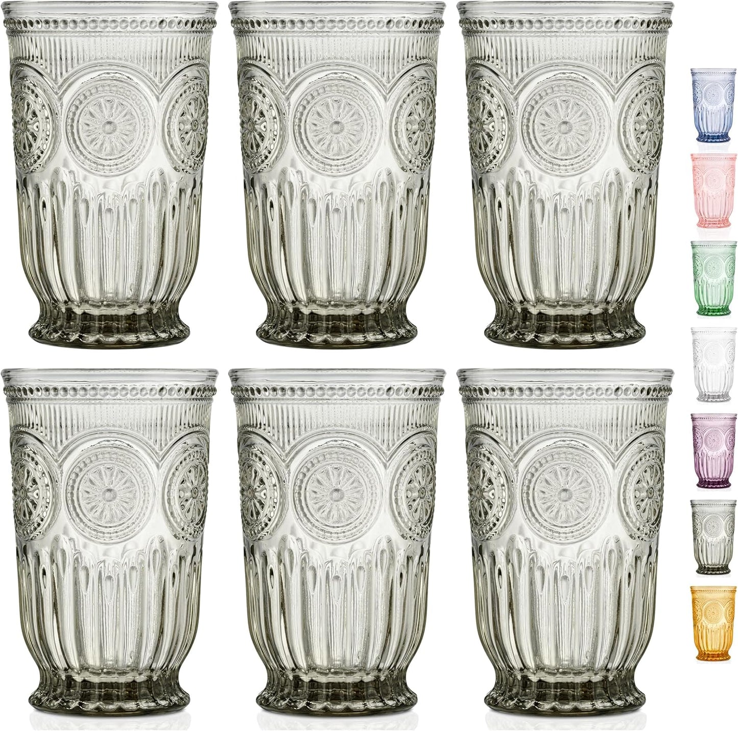 Yungala Black Glassware set of 6 smoke drinking glasses, textured colored vintage glass highball glasses, hobnail inspired dishwasher friendly smoke water glasses or cocktail drinkware