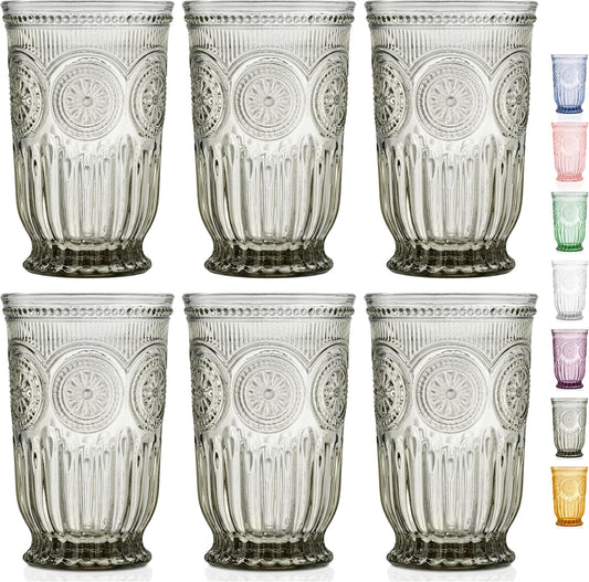 Yungala Black Glassware set of 6 smoke drinking glasses, textured colored vintage glass highball glasses, hobnail inspired dishwasher friendly smoke water glasses or cocktail drinkware