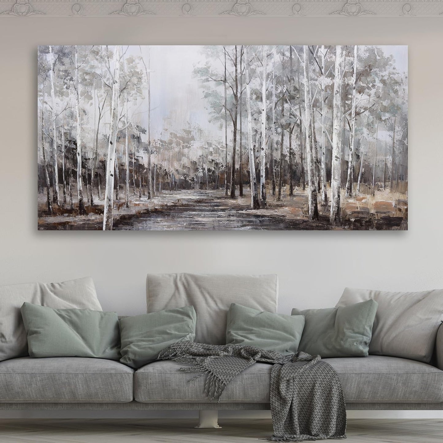 White Birch Tree Wall Art Grey Forest Painting Abstract Canvas Art Landscape Panoramic Picture Nature Artwork Framed for Living Room Bedroom Dinning Room Home Office Wall Decor 48"x24"
