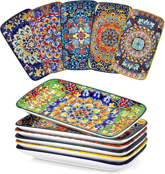 vancasso Simi 9.5 Inch Rectangular Dinner Plates Set of 6 - Bohemian Floral Design in 6 Vibrant Colors, Microwave & Dishwasher Safe Porcelain Plates for Salad, Appetizers, Entertaining
