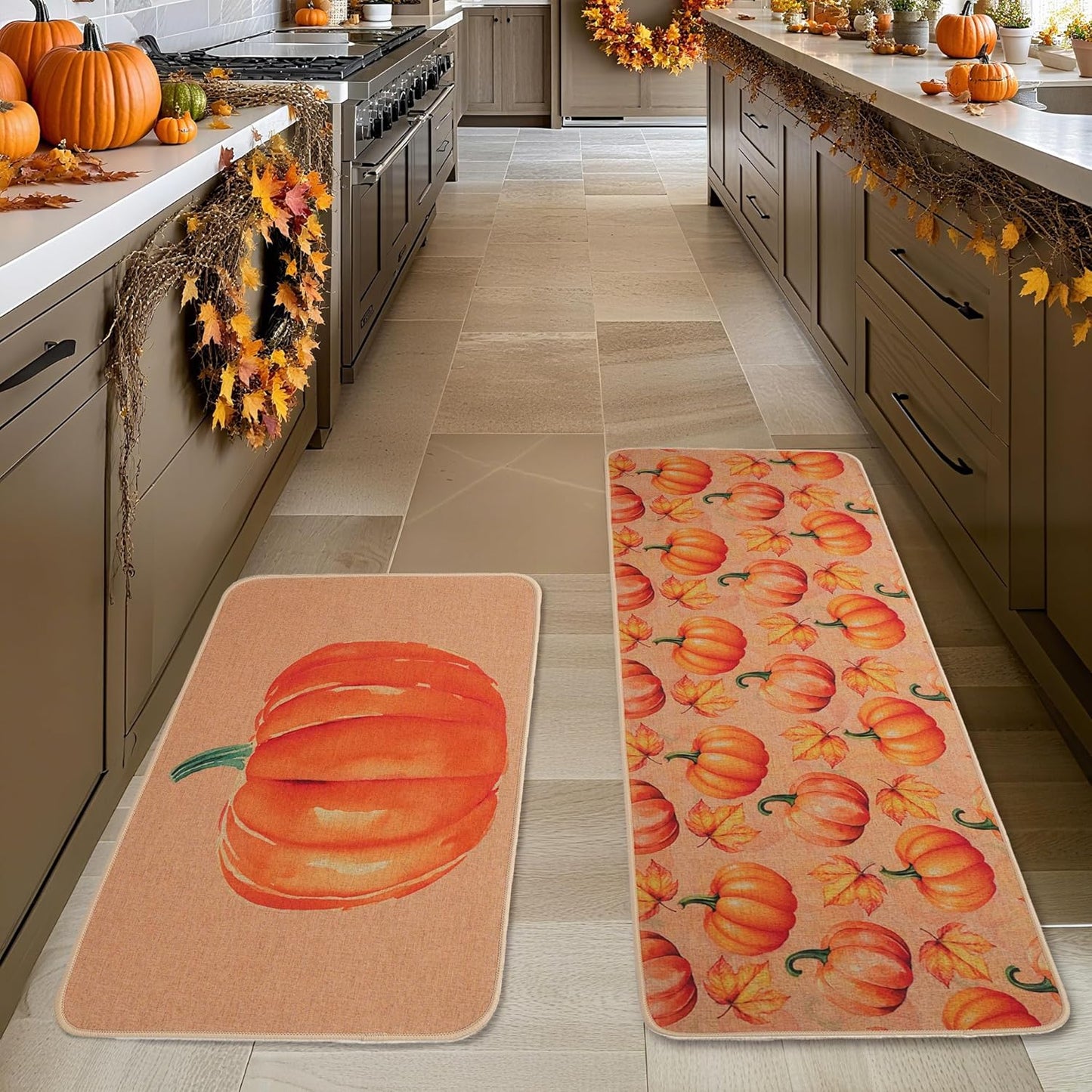 Larponder Fall Pumpkin Leaves Kitchen Mats Set of 2, Non-Slip Absorbent Rug and Door Mats, Home Decor Kitchen Floor Rugs for Autumn Harvest Thanksgiving Holiday - 17x24 and 17x48 Inch