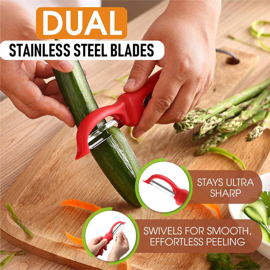 Spring Chef Professional Red Swivel Vegetable Peeler for Kitchen, Stainless Steel Potato Peelers with Soft Grip Handle, Perfect for Peeling Apple, Veggie, Fruit, Carrot, Dishwasher Safe - Set of 2