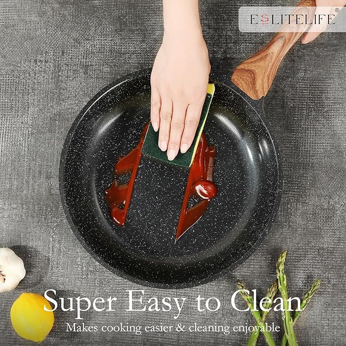 ESLITE LIFE Nonstick Ceramic Frying Pan Skillet, Non-Toxic Egg Omelette Kitchen Cooking Pans Compatible with All Stovetops (Gas, Electric & Induction), PTFE & PFOA Free (Black, 9.5'')