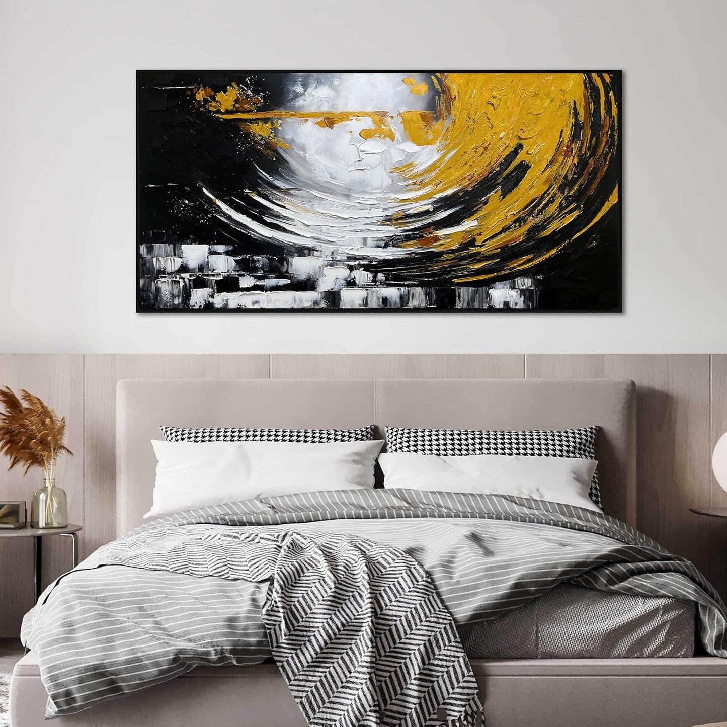 Abstract Large Pictures for Living Room - Black White and Gold Hand Painted Wall Art for Office - Black Framed Canvas Wall Art for Bedroom Size 29" x 59"