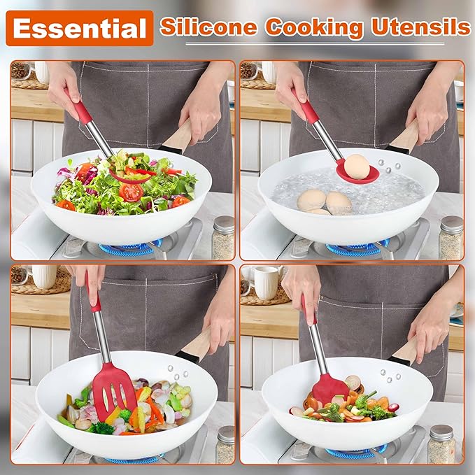 LIANYU Kitchen Cooking Utensils Set of 4, Silicone Turner Spatula Spoon Set for Non-stick Cookware, Heat Resistant & Non-toxic, Dishwasher Safe, Red