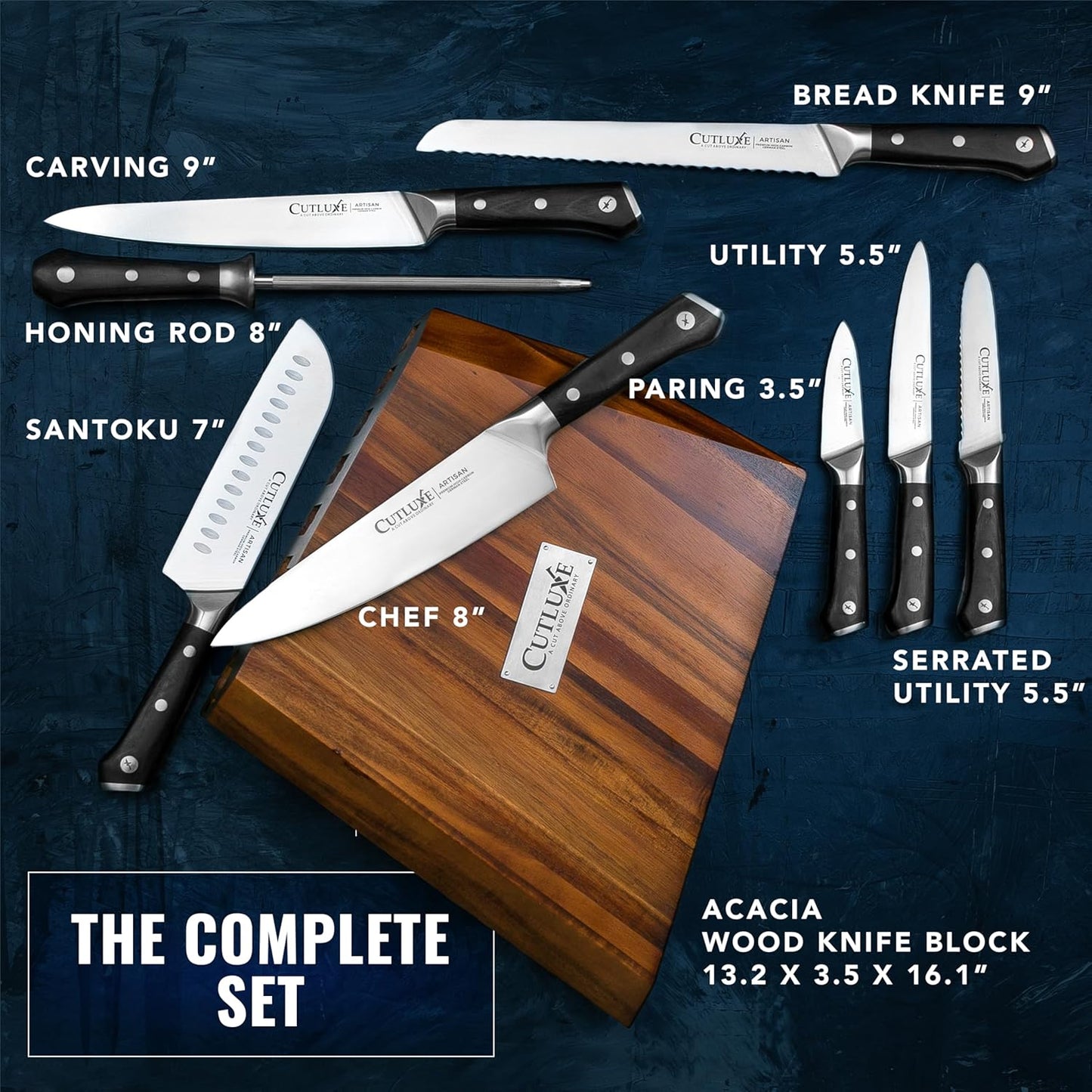 Cutluxe Kitchen Knife Set – 8 Pcs Professional Chef Knife Set with Block – Razor Sharp Knives with Full Tang Design, High Carbon German Steel, Natural Acacia Wood Block – Artisan Series