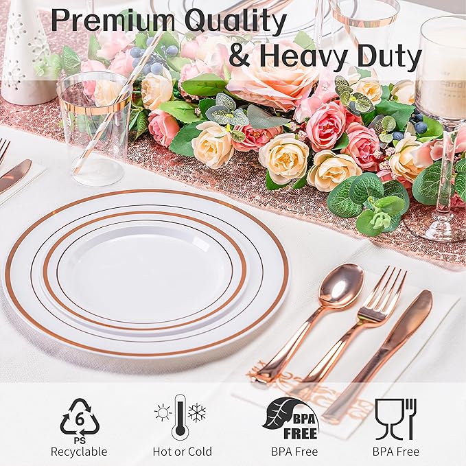 175PCS Rose Gold Dinnerware Set for 25 Guests, Rose Gold Rim Plastic Disposable Plates for Party Wedding Include 25 Dinner Plates, Dessert Plates, Silverware Set, Napkins, Cups