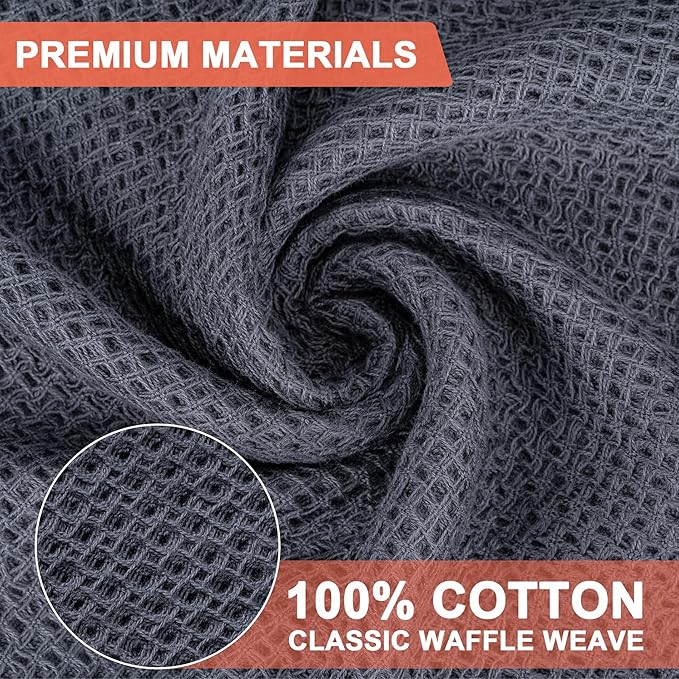BOOMIBOO ﻿Kitchen Towels 6-Pack Kitchen Dish Cloths,100% Cotton Towels Waffle Weave, Ultra Soft Absorbent, Quick Drying, 12x12 Inches,Dark Grey