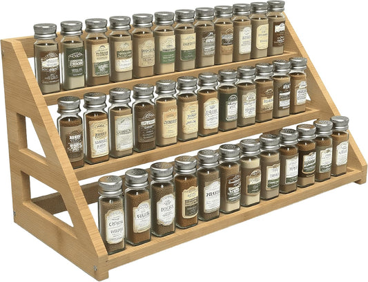 Bamboo Spice Rack: Large Spice Shelf for Kitchen Countertop Pantry Cabinet Organizer, Holds 24 Spice Jars (1.8")