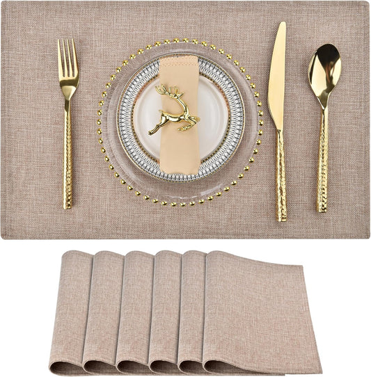 SLKQG Linen-Look Placemats Set of 6, Heat Resistant & Machine Washable Double-Layered Cloth Placemats for Dining Table, Indoor/Outdoor Use, Non-Slip Kitchen Table Mats (6, Natural Linen)