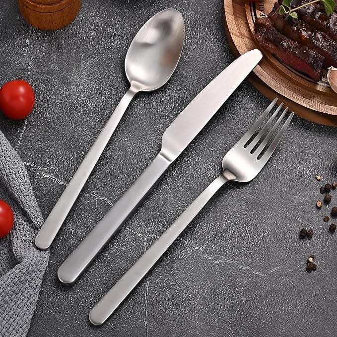 KINGSTONE Forged 30-Piece Silverware Set, Matte Flatware Set for 6, 18/10 Stainless Steel Silverware Utensils Set Dishwasher Safe (Matte Silver)