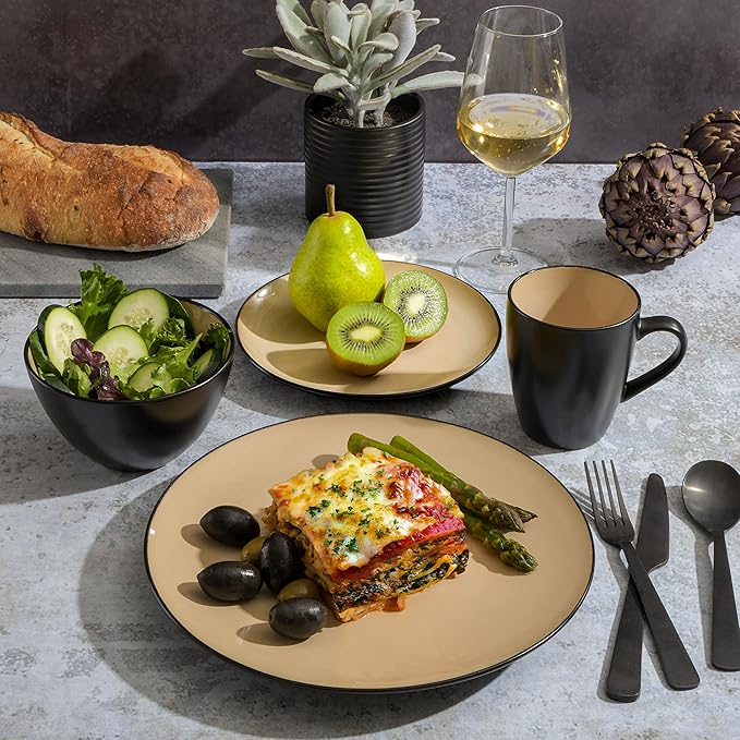 Gibson Elite Soho Lounge 16-Piece Round Reactive Glaze Stoneware Dinnerware Set, Service for 4 – Taupe Plates and Bowls