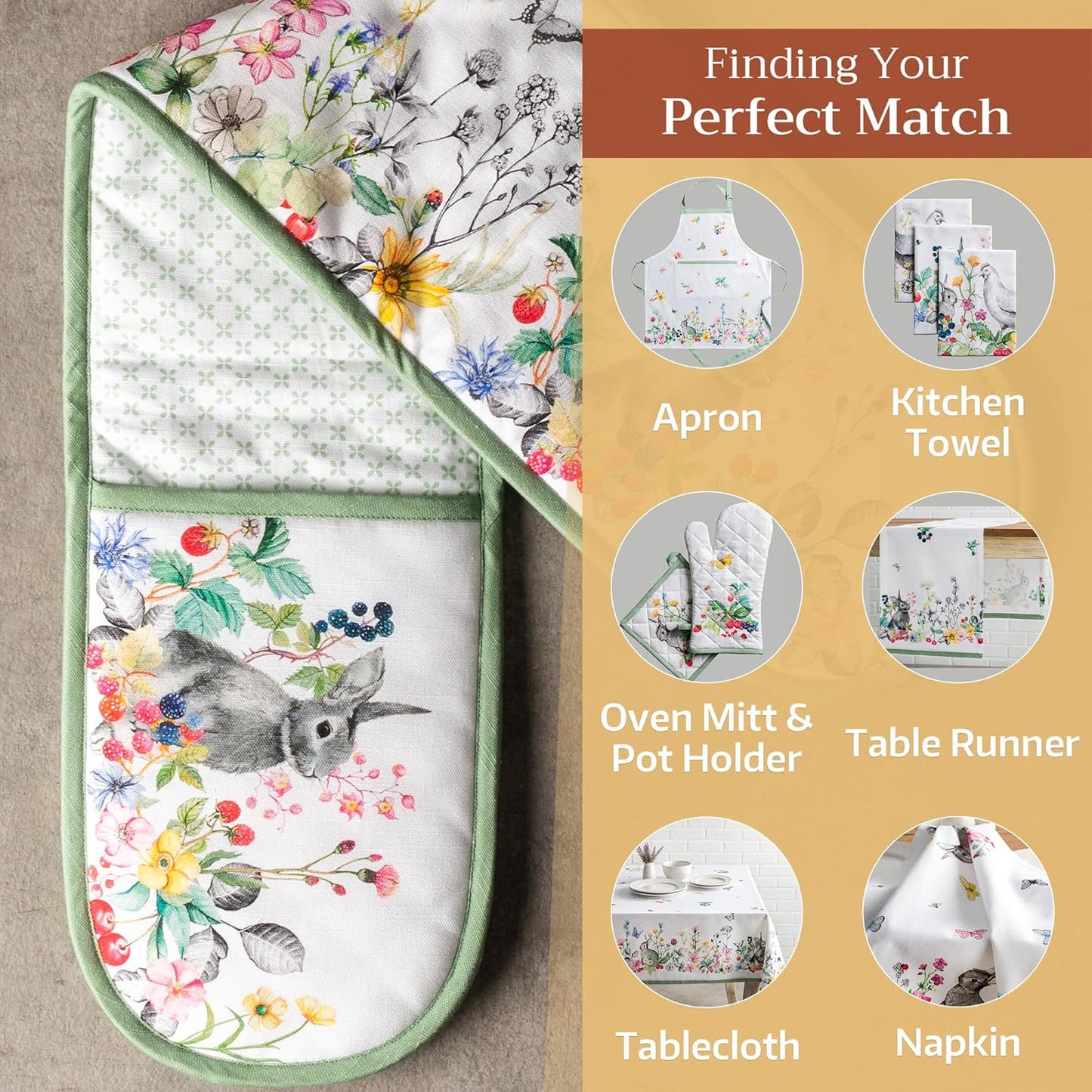 Maison d' Hermine Double Oven Mitts 100% Cotton 7"x35" Double Oven Mitt Heat Resistant BBQ Cooking Gloves with Loop, Baking, Grilling, Home, Kitchen, Handling Hot Pans Spring Summer (Printemps)