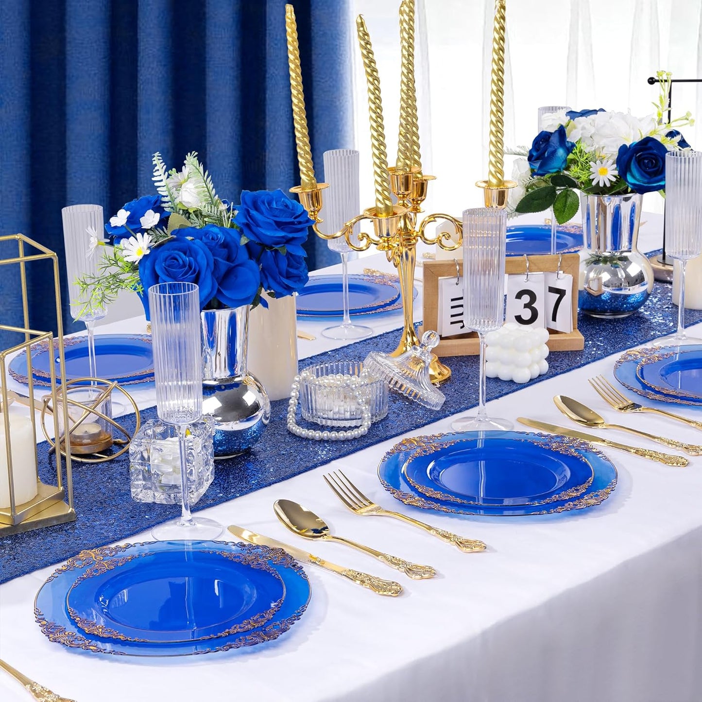 102PCS Blue Plastic Plates - Royal Gold Disposable Plates - Clear Blue Party Plate - Heavyweight Disposable Plate with Gold Rim - Fancy Dinner & Dessert Plates for 51 Guests Party Wedding
