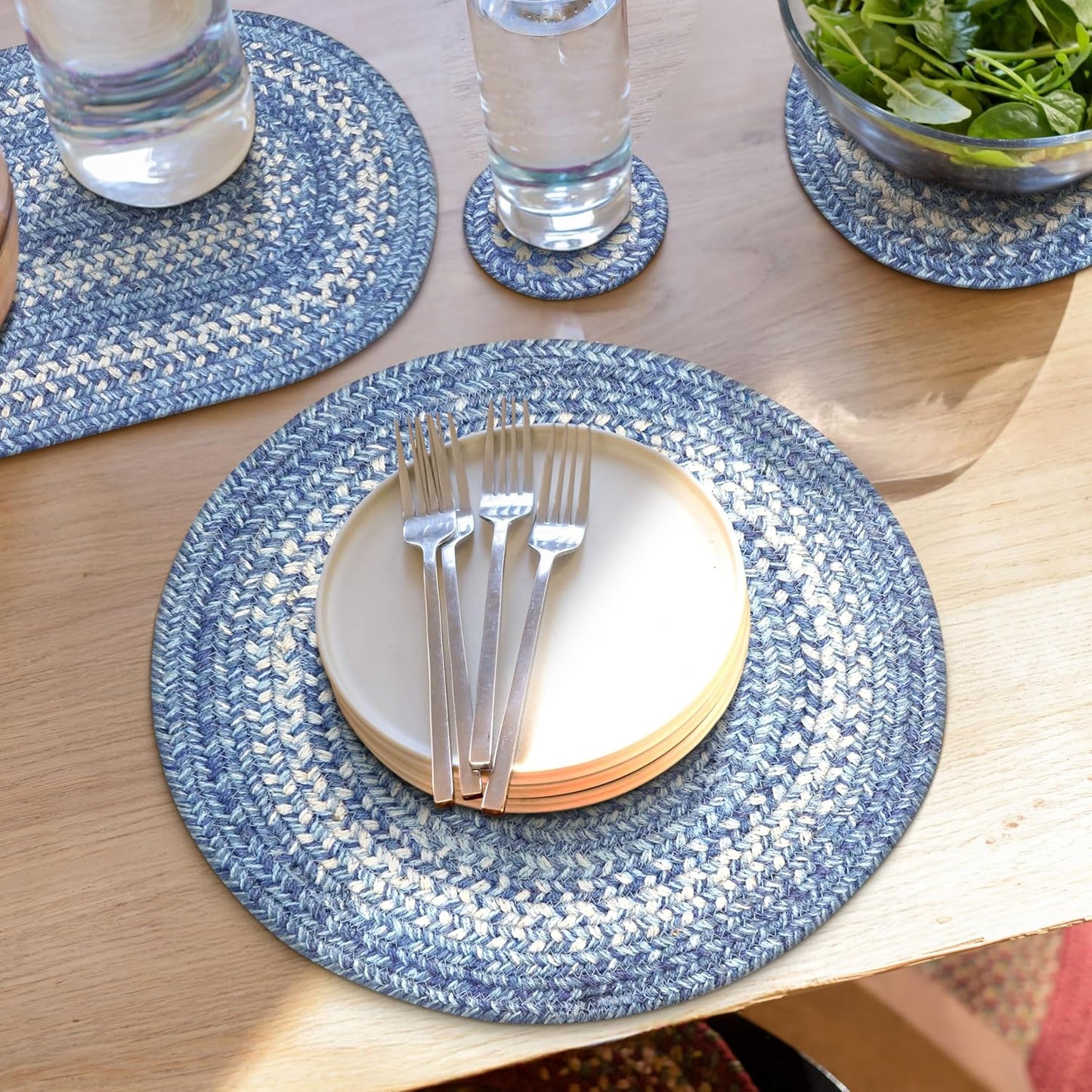 Homespice Denim Round Braided Placemats, Country Coastal Decor, Set of 2, 15" Blue Jute Table Mats - Vibrant Colors, Durable, Easy to Clean and Protects Furniture