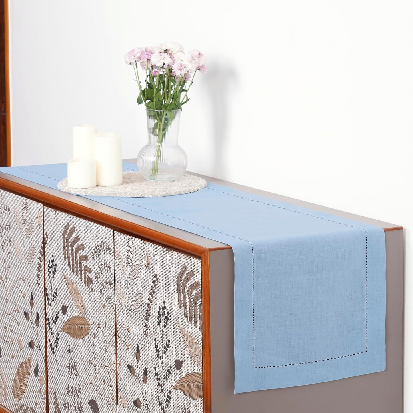 D'Moksha Homes Linen Powder Blue Table Runner 48 Inches - Classic Hemstitch, 100% Pure Linen Coffee Table Runner 14 x 48 Inch Ideal for Dresser Tables - Fall, Autumn and Halloween