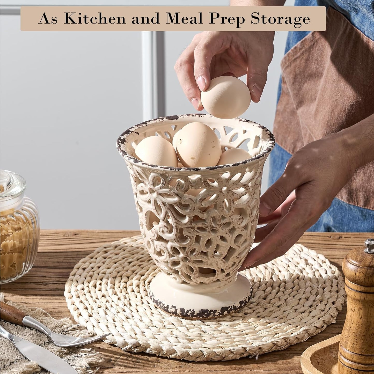 Utensil Holder for Kitchen Counter, Modern Farmhouse Cooking Utensil Holder and Crock Home Kitchen Decor, Ceramic Utensil Organizer for Spatula, Ladle, Eggbeater, Rolling Pin- Beige Antique Design