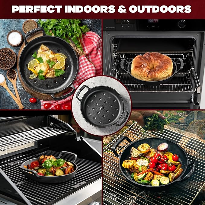 onlyfire Pre-Seasoned Cast Iron Skillet, Frying Pan with Nonstick Perforated Grill Surface and Dual Handles, 10 Inch Cast Iron Pan - Compatible With All Stovetops - Oven Safe & Rust Resistant