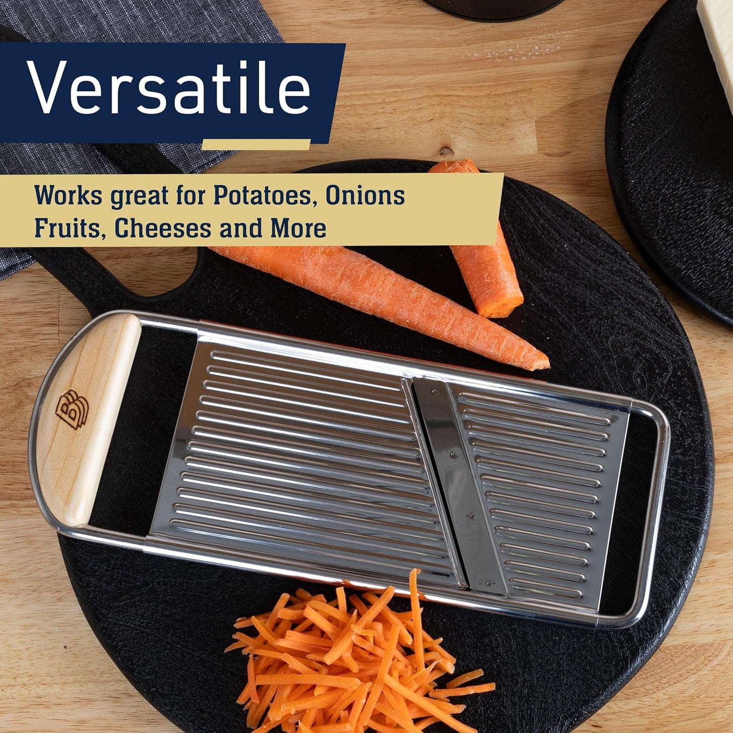 Handheld Mandoline Slicer for Kitchen - Stainless Steel Flat Mandolin with Cherrywood Handle - Julienne Cutter for Vegetable and Fruits - Italian Made Kitchen Gadgets by Kings County Tools