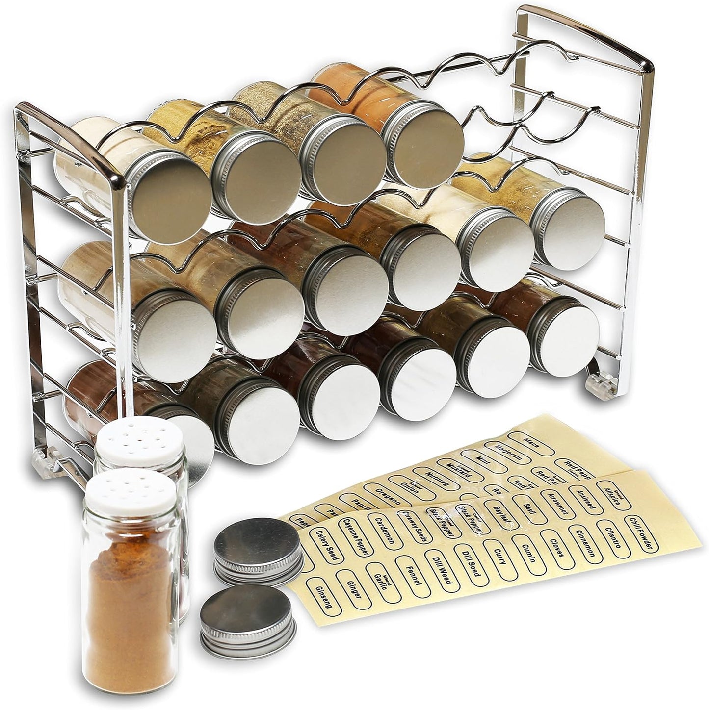 Deco Brothers Spice Rack Stand holder with 18 Bottles and 48 Labels, Chrome