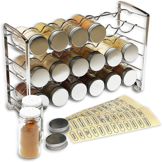 Deco Brothers Spice Rack Stand holder with 18 Bottles and 48 Labels, Chrome
