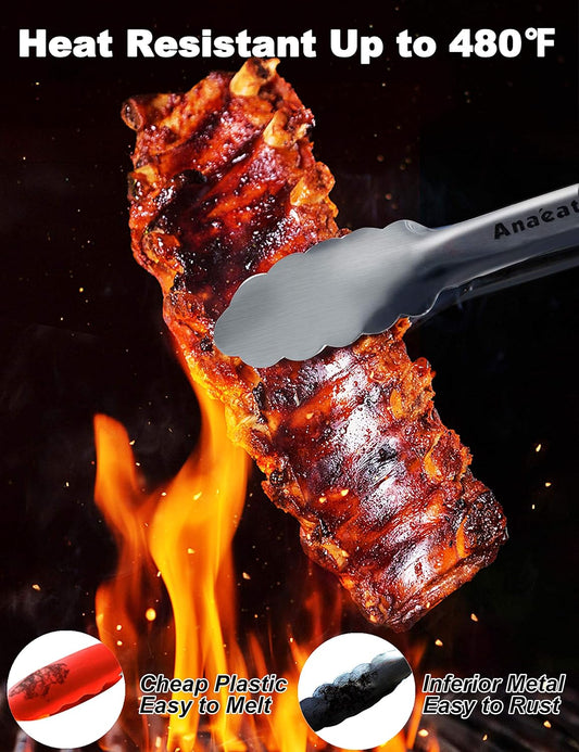 Anaeat Premium Sturdy Barbecue Tongs for Kitchen Grill & BBQ - 7,9,12 Inch Non-Slip Stainless Steel Locking Tongs Heat Resistant for Grilling, Cooking, Turning and Barbecue