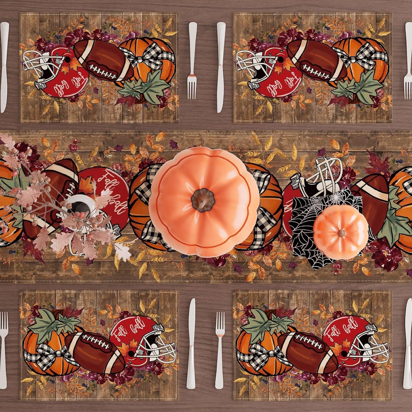 XCHI Fall Football Pumpkin Wood Placemats Set of 6 Table Mats for Party Home Kitchen Dining Table Decorations 12x18 Inch