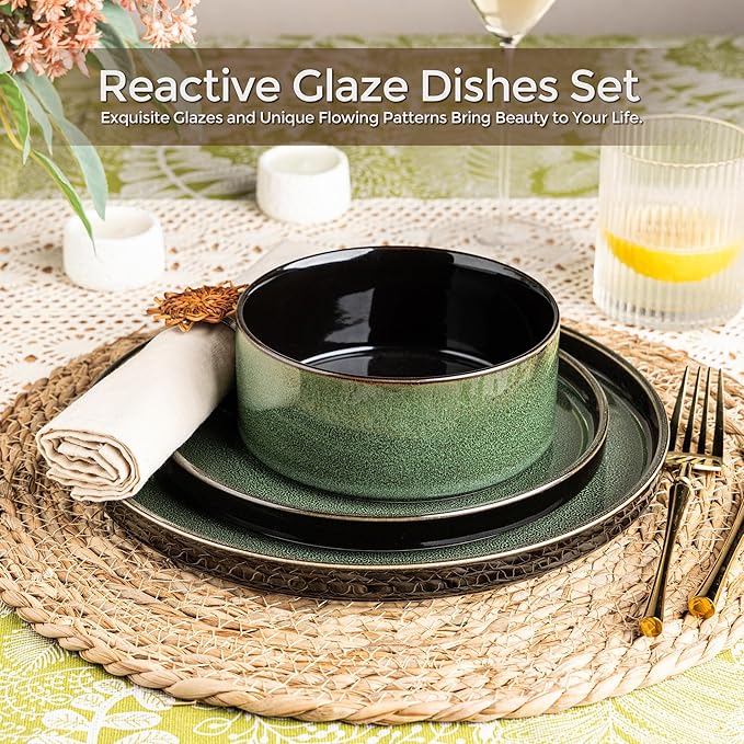 LERATIO Ceramic Dinnerware Sets for 4,Round Reactive Glaze Ceramic Plates and Bowls Set,Highly Chip and Crack Resistant | Dishwasher & Microwave Safe Dishes Set,Service for 4 (12pc)-Green