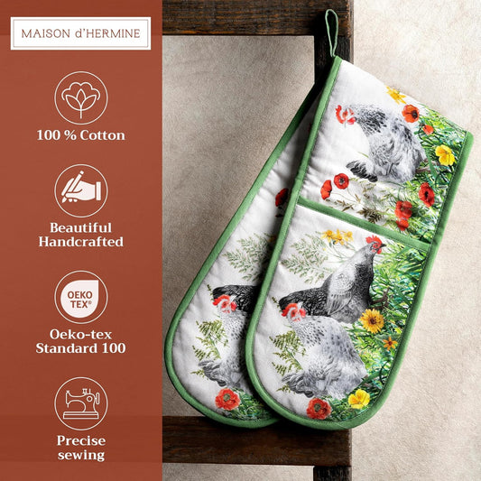 Maison d' Hermine Double Oven Mitts 100% Cotton 7"x35" Double Oven Mitt Heat Resistant BBQ Cooking Gloves with Loop, Baking, Grilling, Home, Kitchen, Handling Hot Pans Spring Summer (Basse Cour)