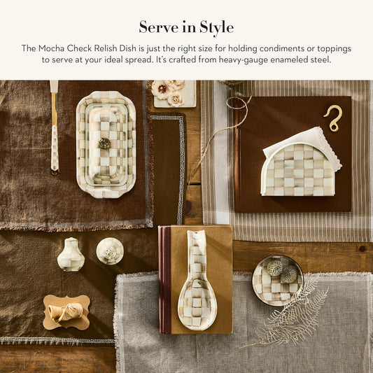 MACKENZIE-CHILDS Enamel Relish Dish, Small Serving Bowl for Entertaining, Brown-and-White Mocha Check