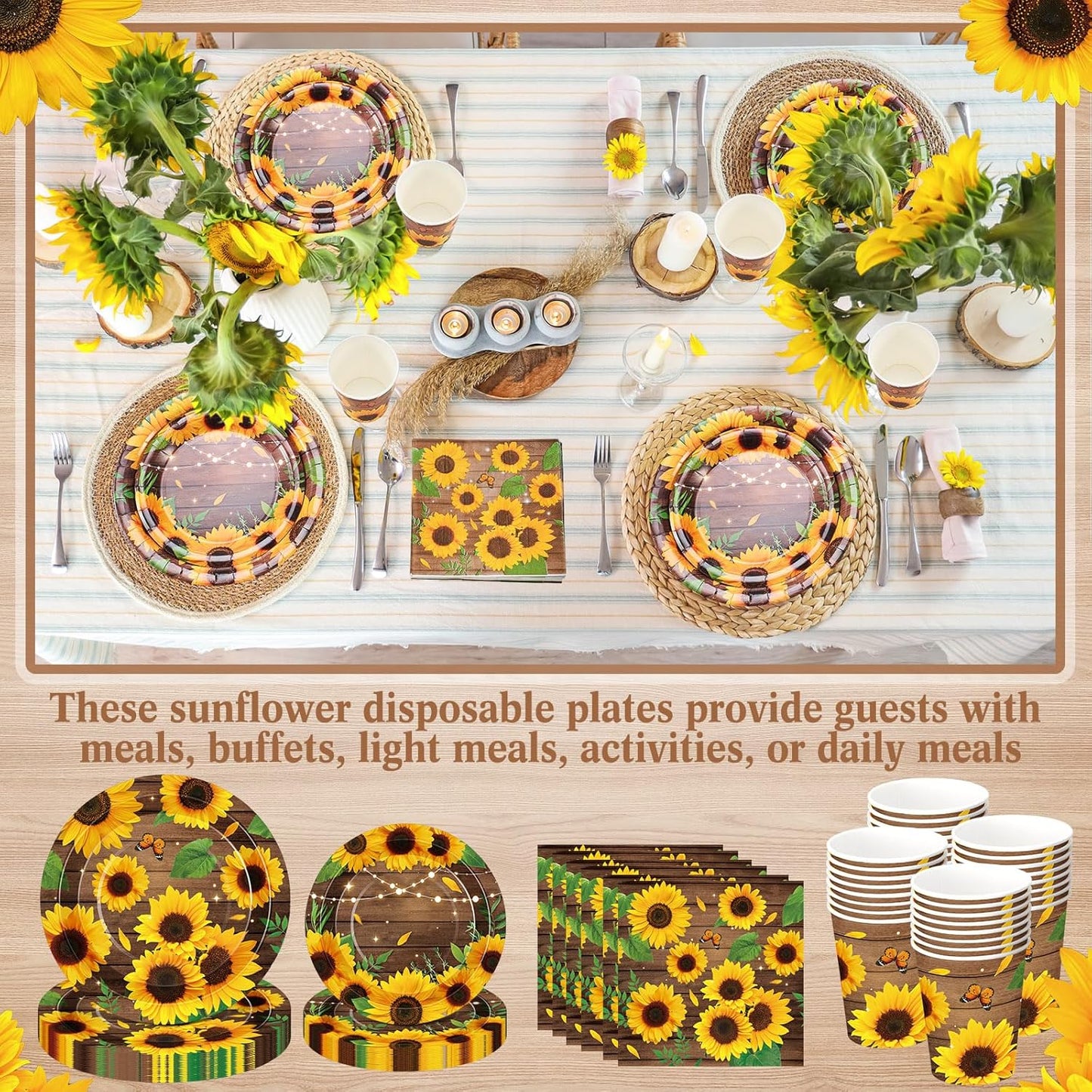 250 Pcs Sunflower Party Decorations Include Spring Summer Floral Paper Plates Napkins and Cups for Wildflower Baby Shower Tea Decorations, Serve 50 Guest(Yellow and Brown,Sunflower Style)