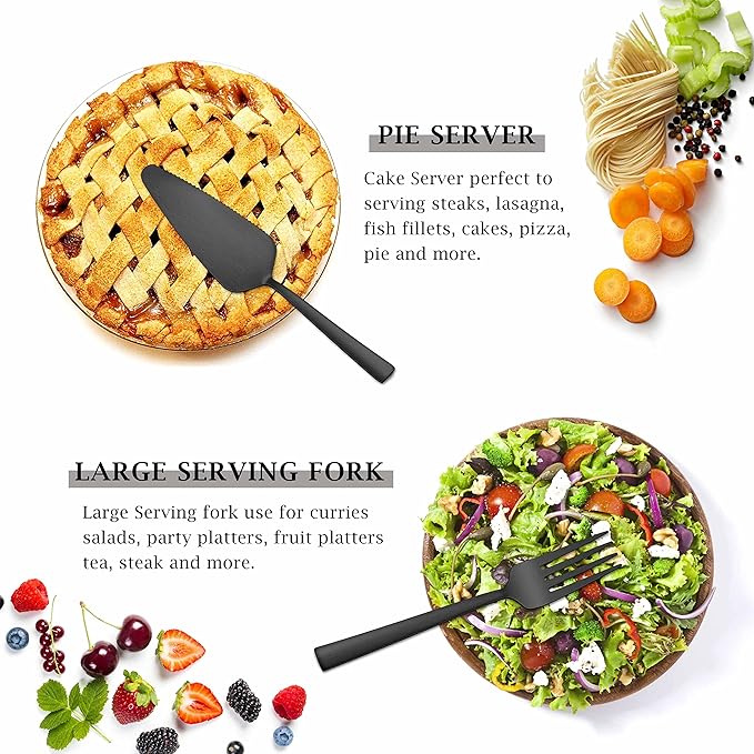 Herogo 5-Piece Matte Black Stainless Steel Serving Utensils Set, Metal Square Hostess Serving Set for Catering Banquet Buffet Party Camping Kitchen Restaurant, Dishwasher Safe