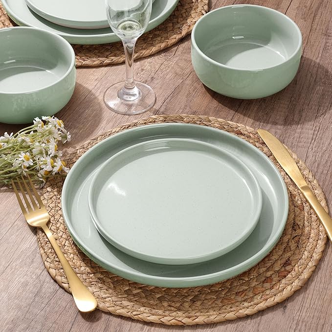 HaWare Stoneware Dinnerware Sets, 12-Piece Plates and Bowls Set for 4, Dishes Set for Home Restaurant, Speckled Asparagus Green