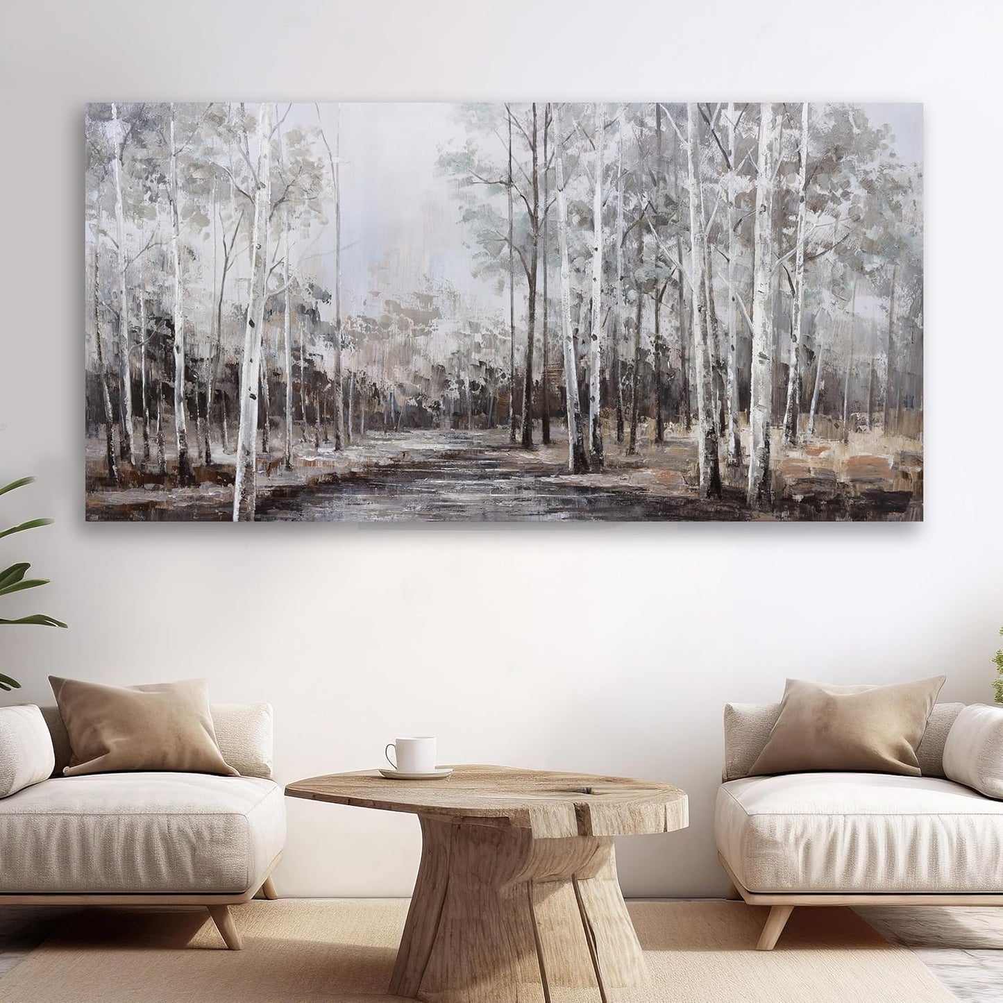 White Birch Tree Wall Art Grey Forest Painting Abstract Canvas Art Landscape Panoramic Picture Nature Artwork Framed for Living Room Bedroom Dinning Room Home Office Wall Decor 48"x24"