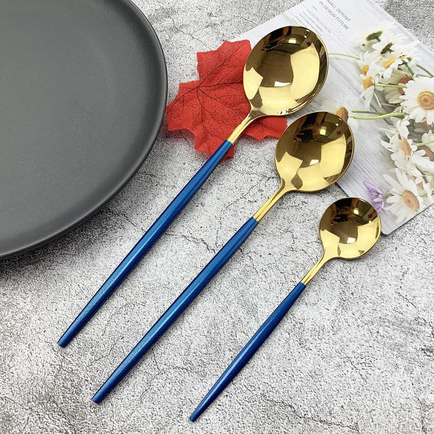 JASHII 18/10 Silver Silverware Set Stainless Steel Flatware Utensils Set Gold Cutlery Set| 24-Piece Modern Cubiertos Dorados| BEST Birthday Wedding Gift (4 sets, Blue Handle Gold Mirror Polish)