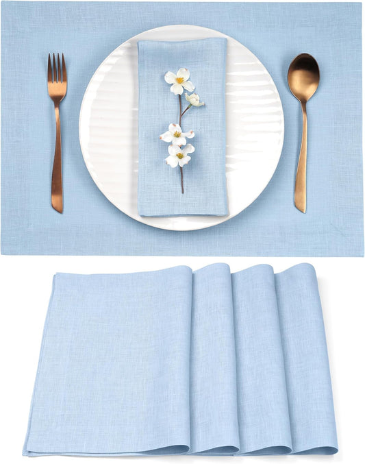 D'Moksha Homes Linen Placemats 14 x 19 Inch - Powder Blue Placemats Set of 4-100% Pure Linen Table Place Mats for Fall, Autumn and Halloween - Handcrafted and Machine Washable