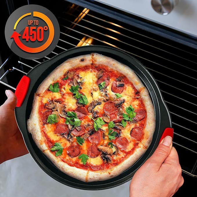 NutriChef Non-Stick Pizza Tray with Silicone Handles, 6-Pack Round Steel Non-Stick Pans with Perforated Holes, Premium Bakeware, Pizza Trays with Silicone and Oversized Handles, Dishwasher Safe